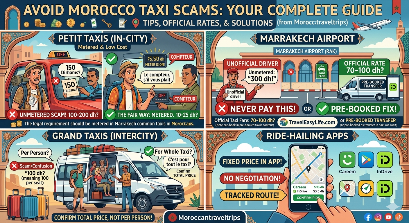 The Taxi Overcharge — Morocco's Most Common Tourist Experience  Let us start with the most universal experience in Moroccan tourism, because it happens to almost every first-time visitor and sets the tone for how anxious or confident the rest of the trip feels. Petit taxis — the small city taxis in Marrakech, Fes, Casablanca, and other cities — are legally required by Moroccan law to use a meter. The meter is called a compteur in French and a 'adad in Arabic. A cross-city trip in Marrakech with the meter running costs between 10 and 25 dirhams depending on distance and time of day. The same trip without the meter, agreed as a flat rate with a tourist who does not know the fair price, costs 100, 150, or 200 dirhams. When you get into a petit taxi, say immediately and firmly: "Le compteur, s'il vous plaît" — "The meter, please." If the driver says the meter is broken, says he prefers a fixed price, or ignores you, get out. There is always another taxi. The meter being "broken" is almost never true — it is a test to see whether you know your rights. The Marrakech airport route deserves specific mention because it is where the disparity is largest and most documented. Unofficial drivers outside the terminal can quote 300 to 400 dirhams for the airport-to-medina route. The official fare is around 70 to 100 dirhams depending on time of day. Pre-booking your airport transfer before you land eliminates this problem entirely. TravelEasyLife.com arranges airport transfers at fixed, transparent rates with professional licensed drivers who meet you at arrivals — you see the price before you book and pay nothing more on arrival. Moroccantraveltrips For grand taxis — the shared intercity taxis that run between cities — meters do not apply, and agreeing a price before you get in is standard practice. The important thing here is to confirm that the price is for the whole vehicle, not per person. The classic confusion is that a driver quotes "100 dirhams" meaning 100 per seat when you thought it meant 100 total. Confirm with: "C'est pour tout le taxi?" — "That's for the whole taxi?" Ride-hailing apps are the easiest solution in cities where they operate. Careem works in Casablanca, Marrakech, and Rabat. InDrive operates in several Moroccan cities. The price is agreed in the app before you get in, there is no negotiation, and the route is tracked on your phone. For anyone who finds taxi negotiation stressful, these apps remove the entire problem.